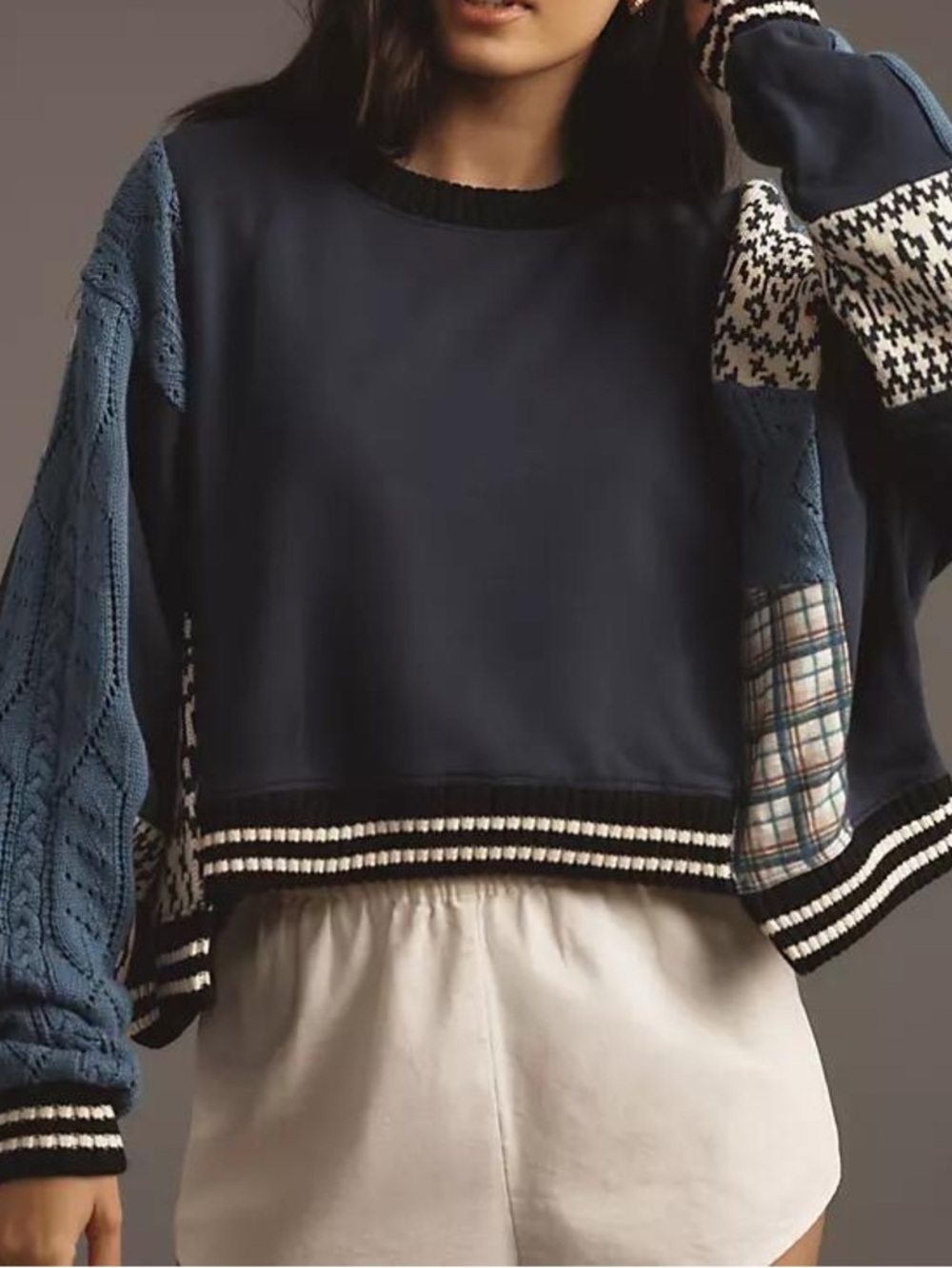 PILCRO ANTHROPOLOGIE Mixed Media Cotton Sweater Navy Boxy Cropped XS